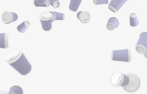 3D Background with flying coffee cups and empty space. Purple plastic or paper Stock Illustration