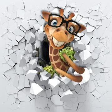 3d background with giraffe and a broken wall Stock Illustration