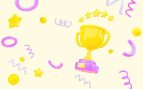 3D background with gold winner cup, stars and confetti. Cartoon banner with rank Illustrazione stock