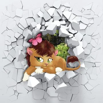 3d background, lionet peeping from a broken wall. Stock Illustration