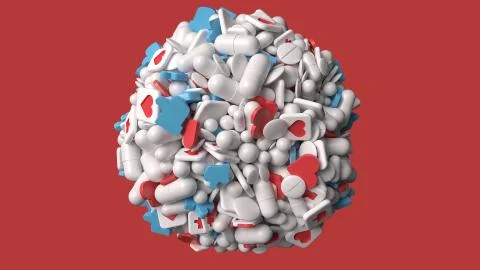 3d background with pills and likes. Social addiction concept. Stock Illustration
