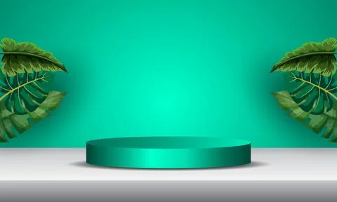 3D background with realistic cylindrical podium and natural leaf scene. Abs.. Illustrazione stock
