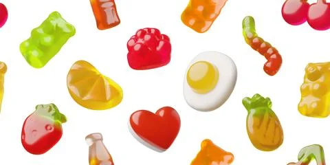 3D background with a seamless design of jelly candies: bears, worms, egg, heart 스톡 일러스트
