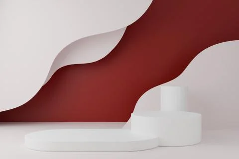 3D background with white podium and dark red wavy curves and shapes Stockillustratie