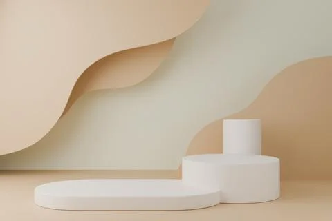 3D background with white podium, beige curves and soft yellow geometric base Stock Illustration
