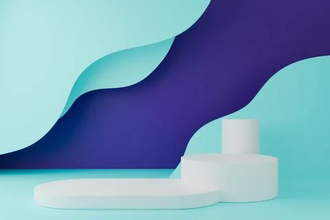 3D background with white podium, dark blue curves and light teal geometric base Stock Illustration