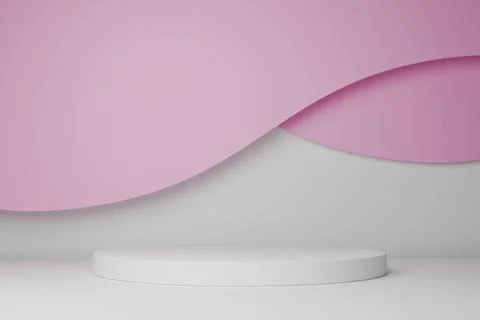 3D background with white podium, light lavender curves and gray base Stock Illustration
