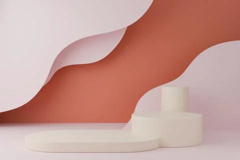 3D background with white podium, light pink curves and muted red geometric base Stock Illustration