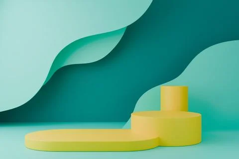 3D background with white podium, mint curves and bright yellow geometric base Stock Illustration