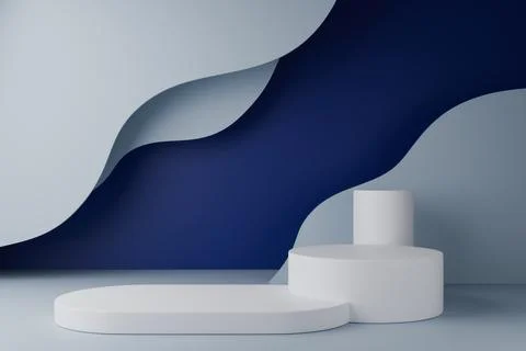3D background with white podium, navy blue curves and pastel gray base Stock Illustration