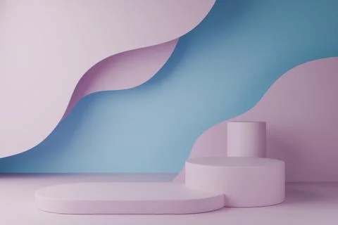 3D background with white podium, soft pink lavender curves and light gray base Stock Illustration