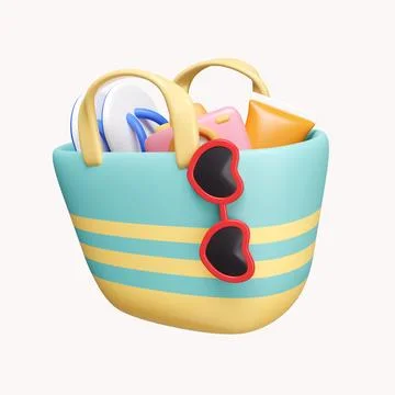 3d bag with sandals, camera, sunscreen and sun glasses. summer vacation and Stock Illustration
