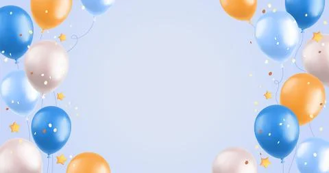 3d balloons background, realistic blue and yellow air balloons, stars and Illustrazione stock