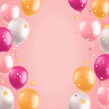 3d balloons background, realistic pink and yellow air balloons, stars and Stock Illustration