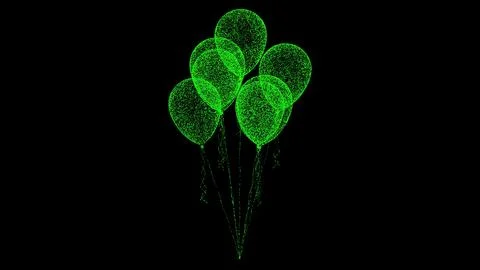 3D Balloons on black bg. Object dissolved green flickering particles. Busines Illustrazione stock