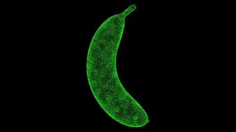 3D banana on black bg. Object dissolved green flickering particles. Busines.. Stockillustratie