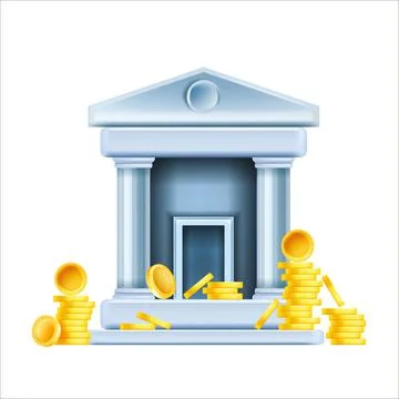 3D bank building vector icon, golden coin stack, government finance house Ilustración de archivo