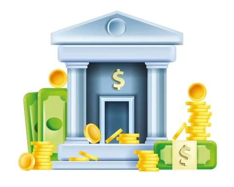 3D bank building vector icon, golden coin stack, dollar bills, finance house Stock Illustration