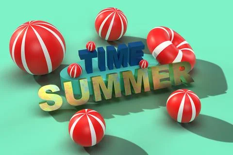 3d banner with 3d text Summer weather and colorful red floating balls, summer Stock Illustration