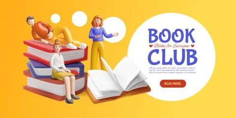 3D banner with characters and a stack of books, book exchange. 스톡 일러스트
