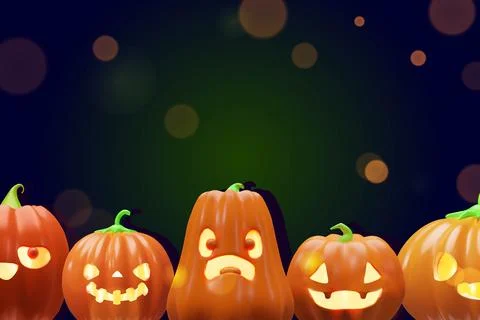 3D banner five carved jack-o-lantern pumpkins Stock Illustration