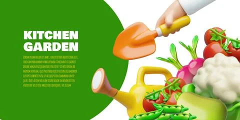 3D banner with green frame for text, vegetables, watering can, hand holding a Stock Illustration