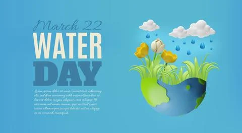 3D banner with raindrops from clouds watering planet earth, with flowers and Stock Illustration