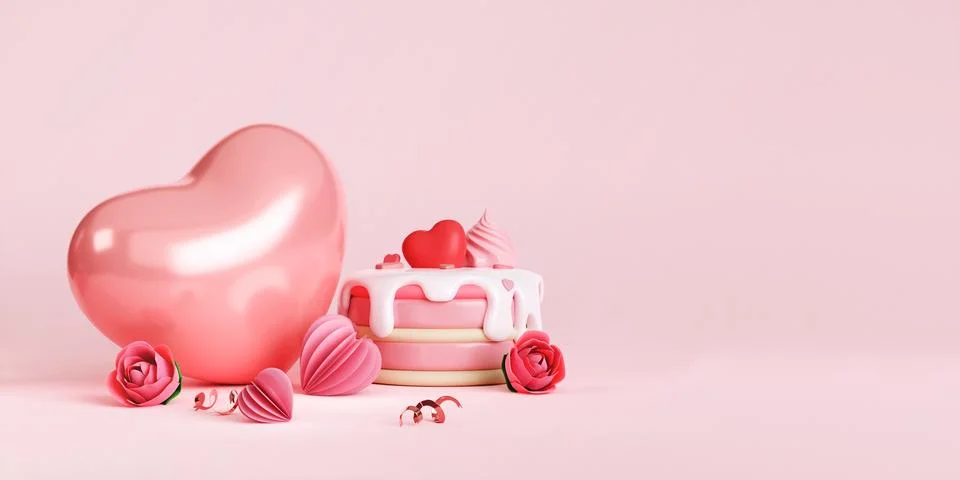 3d banner template designed with cake, heart shape balloons. Minimal pink Stock Illustration