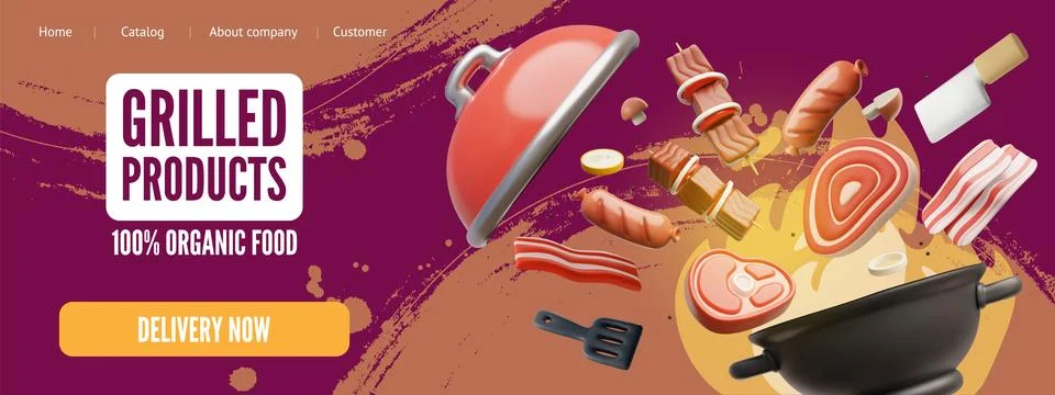 3d banner of the website web page with pieces of meat, bacon, shashlik, grilled Illustration