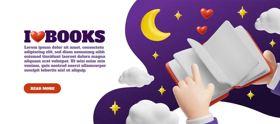 3D banners with hands leafing through a book against the night sky, clouds, moon Stock Illustration