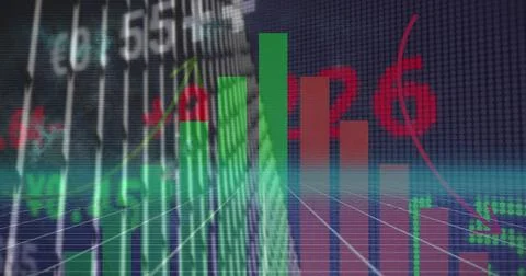 3D bar chart alternating green red bars rising in virtual data space, with Stock Photos