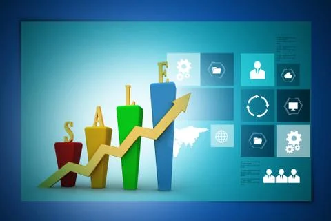 3D Bar chart and sales growth Illustrazione stock