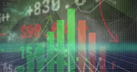 3D bar chart cluster rising then falling on grid plane, with dollar, numeric and Stock Photos