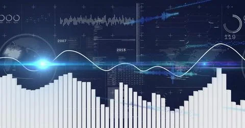 3D bar chart dominating virtual dashboard, with smooth waveform line, audio Stock Photos