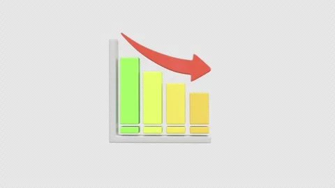3D bar chart with downward arrow decline, loss, decrease, negative trend, e.. 库存影片 310602165