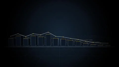 3D bar chart growing in a wave with a trend line, 4K illustration Illustrazione stock