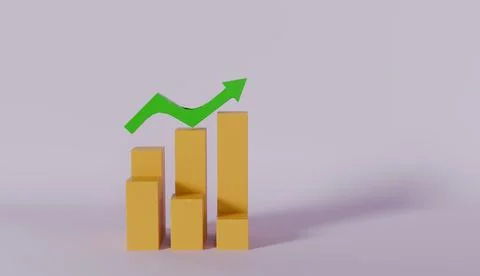 3D bar chart with rising green arrow showing financial growth and success Stock Photos