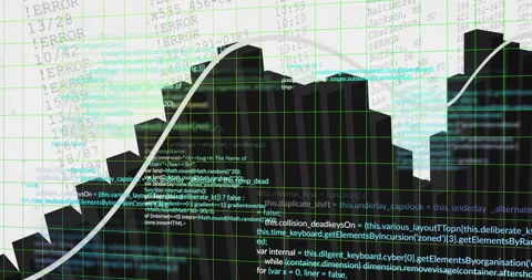 3D bar-chart silhouette rising amid code layers, upward curve arching across Stock Footage 307438643