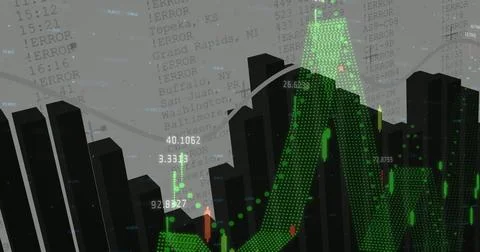 3D bar chart skyline projecting upward trend in data dashboard, with line graph 스톡 일러스트