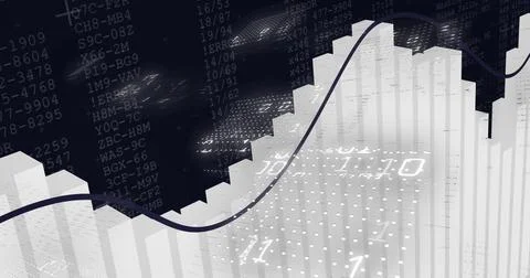 3D bar chart tracking trends in analytics interface with curved line graph, grid Illustrazione stock