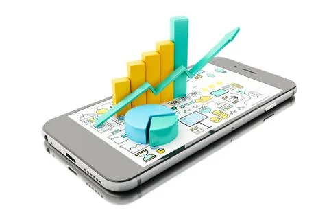 3d Bar graph and pie chart on Smartphone. Business concept. Illustrazione stock