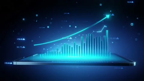 3d bar graph chart with up arrow with tablet. 스톡 동영상 237055496