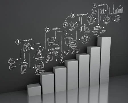 3d Bar graph with design process sketch at wall Stock Illustration
