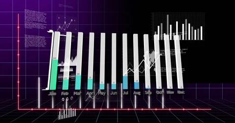 3D bar graph presenting monthly data in virtual interface, with line overlay and Stock Photos