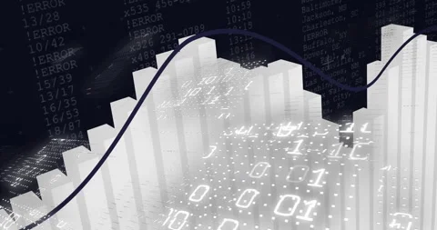 3D bar graph showing curved trend line while floating binary digits and Stock Footage 309111482