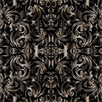 3d baroque seamless pattern. Vector floral dark textured background. Surface  Stock Illustration