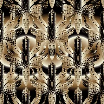 3d Baroque striped seamless pattern. Vector antique interesting background.   Stock Illustration