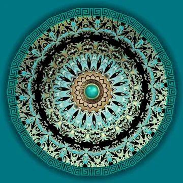 3d Baroque vector mandala pattern. Luxury jewelry turquoise background. Greek Illustrazione stock