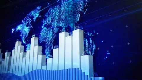 3D Bars and world map on the background.Stock Market Business and marketing.Blue Stock Illustration