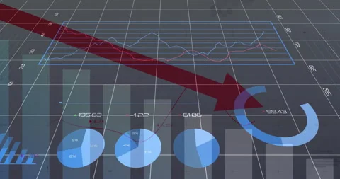 3D bars rising histogram pies appearing ring chart updating sweeping red arrow Stock Footage 309895451